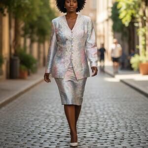 Vintage Jessica McClintock Bridal Pastel Pencil Skirt Suit Pink Watercolor 10